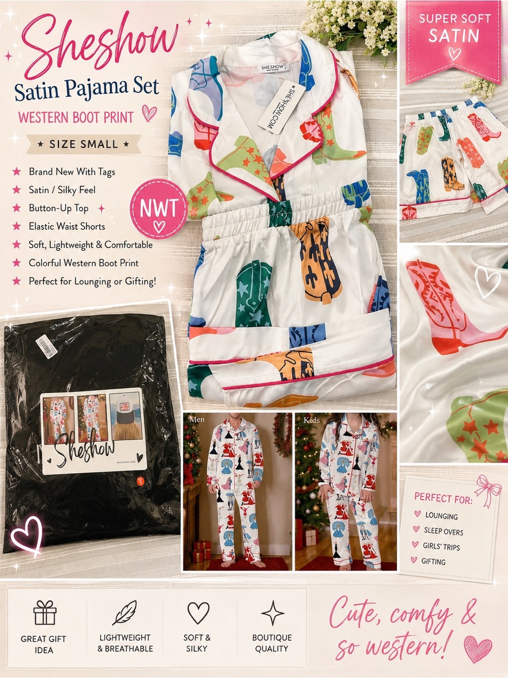 Sheshow Western Print Satin Pajama Set – Size Medium– NWT 🤠✨